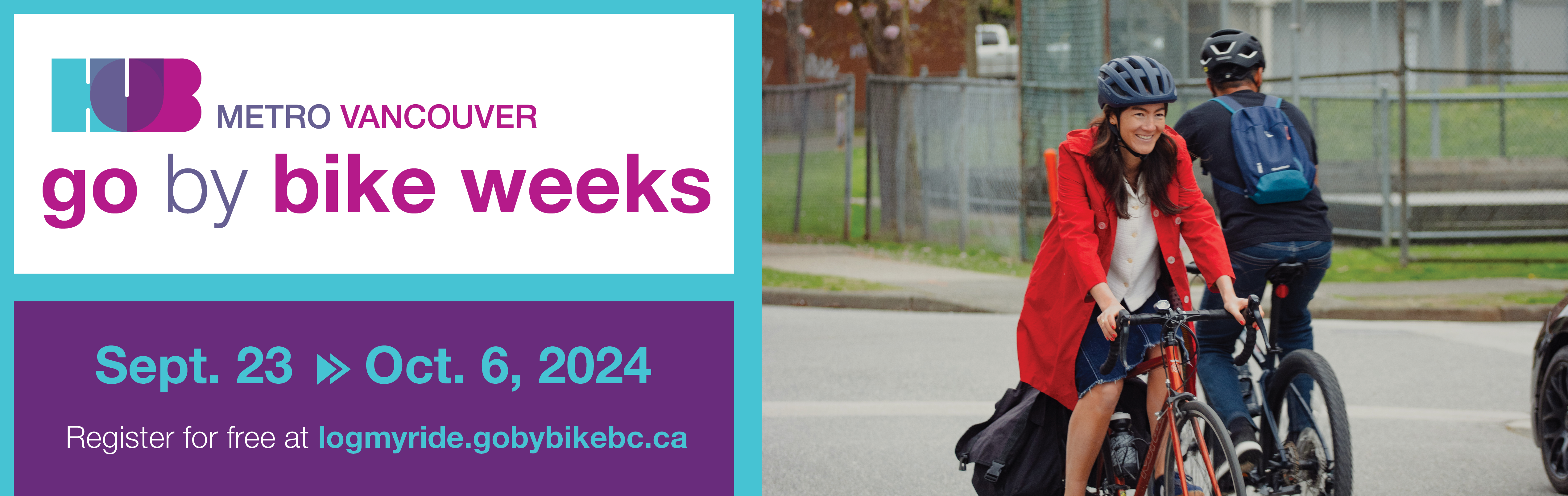 Fall Go by Bike Week Banner. Register for free at logmyride.gobybike.ca. Event dates are Sept. 23-Oct. 6, 2024.