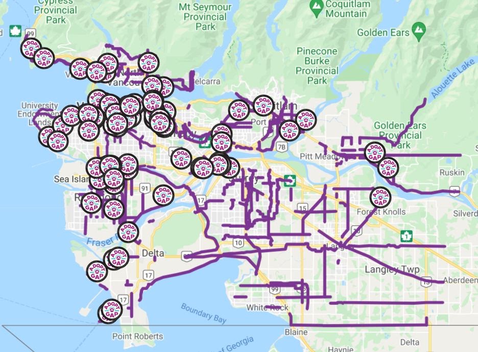 A map of all the 'gaps' in Metro Vancouver's bike network