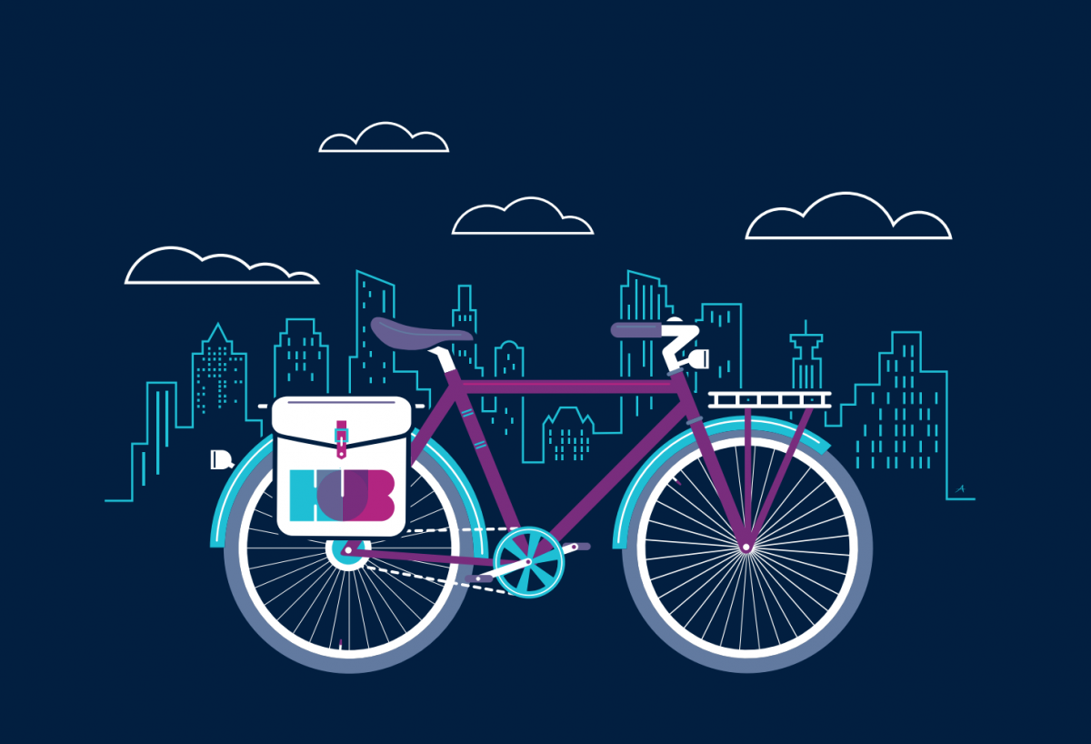 Drawing of a bike with a HUB bag and a city skyline behind it